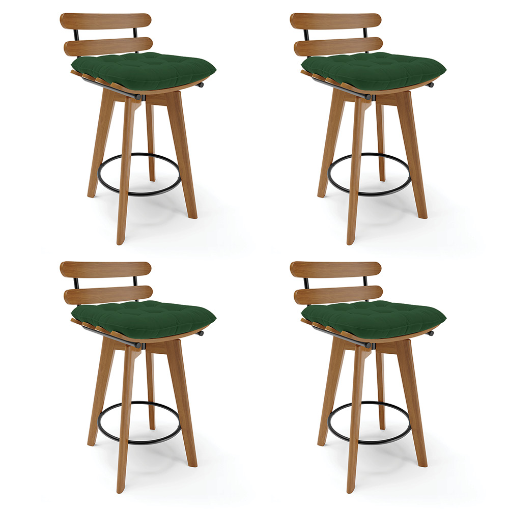 kit 04 Banquetas Giratória Costela Veludo Verde Base Madeira MA70 - D'Rossi