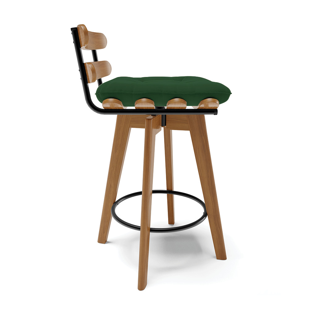 kit 04 Banquetas Giratória Costela Veludo Verde Base Madeira MA70 - D'Rossi