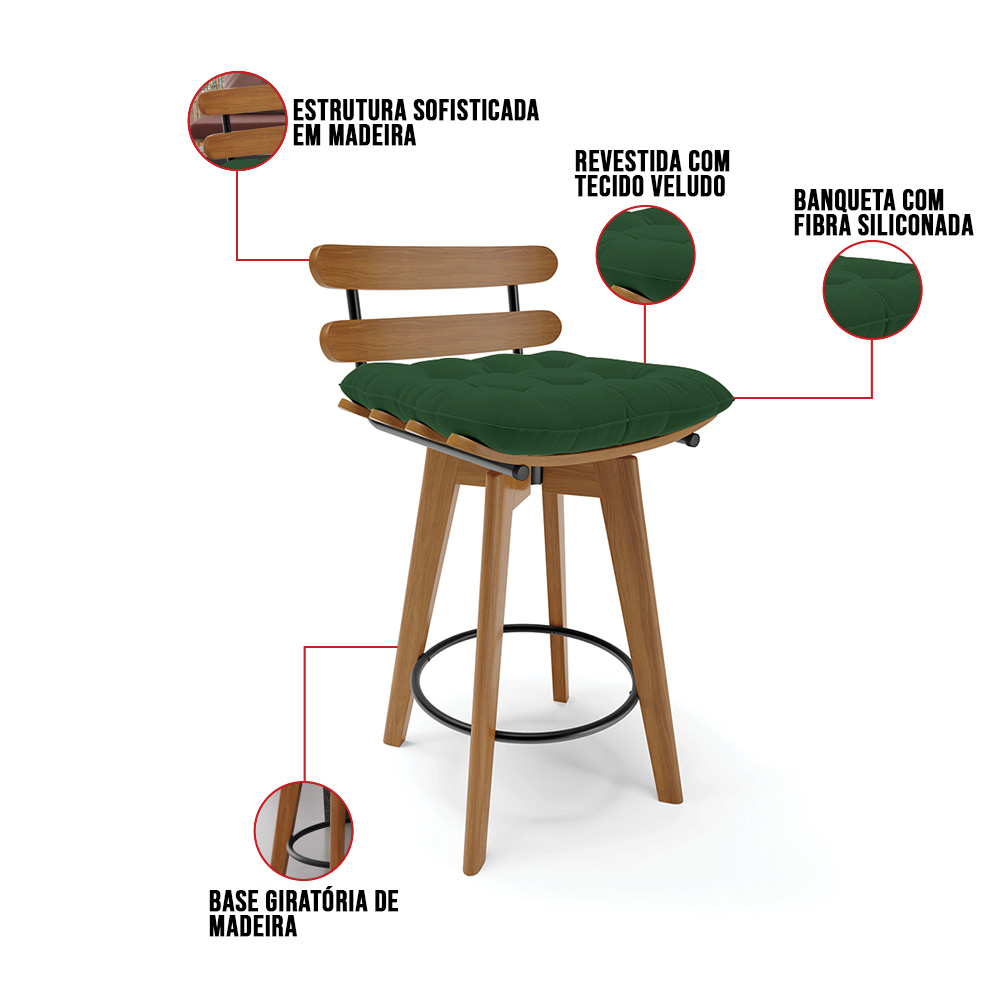kit 04 Banquetas Giratória Costela Veludo Verde Base Madeira MA70 - D'Rossi