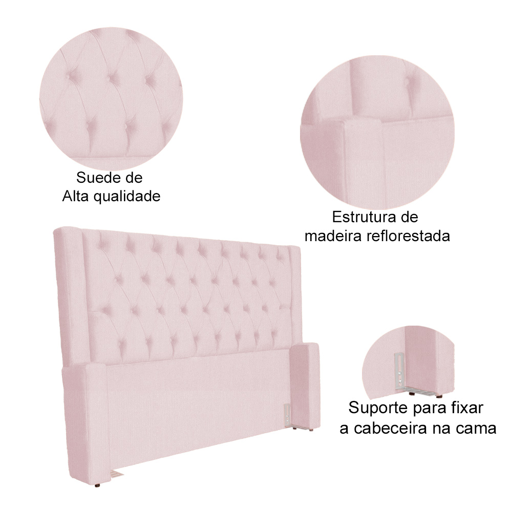 Cabeceira Estofada Para Cama Box Casal Super King Emma Suede Rosa Bebê - DS Estofados
