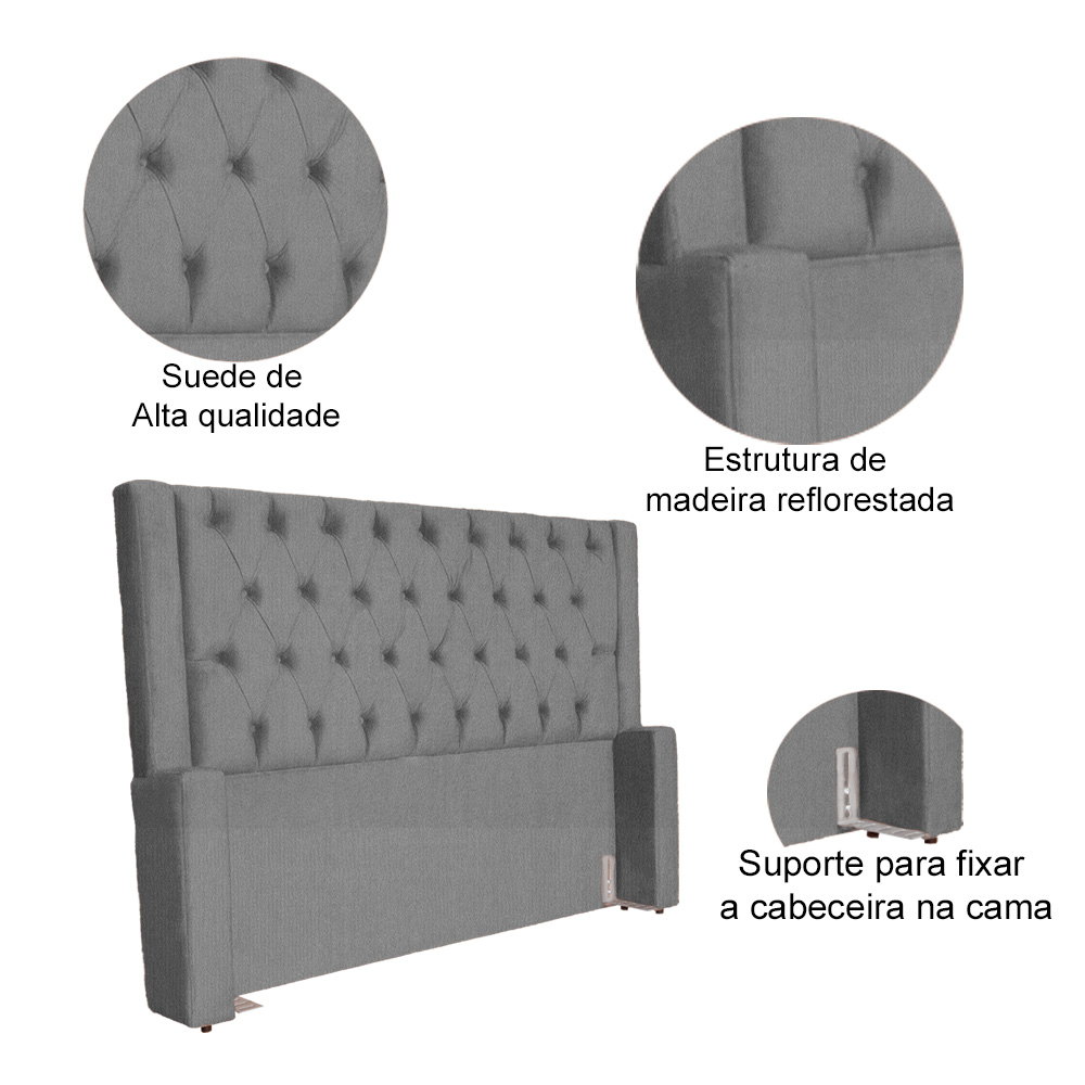 Cabeceira Estofada Para Cama Box Solteiro Emma Suede Cinza - DS Estofados