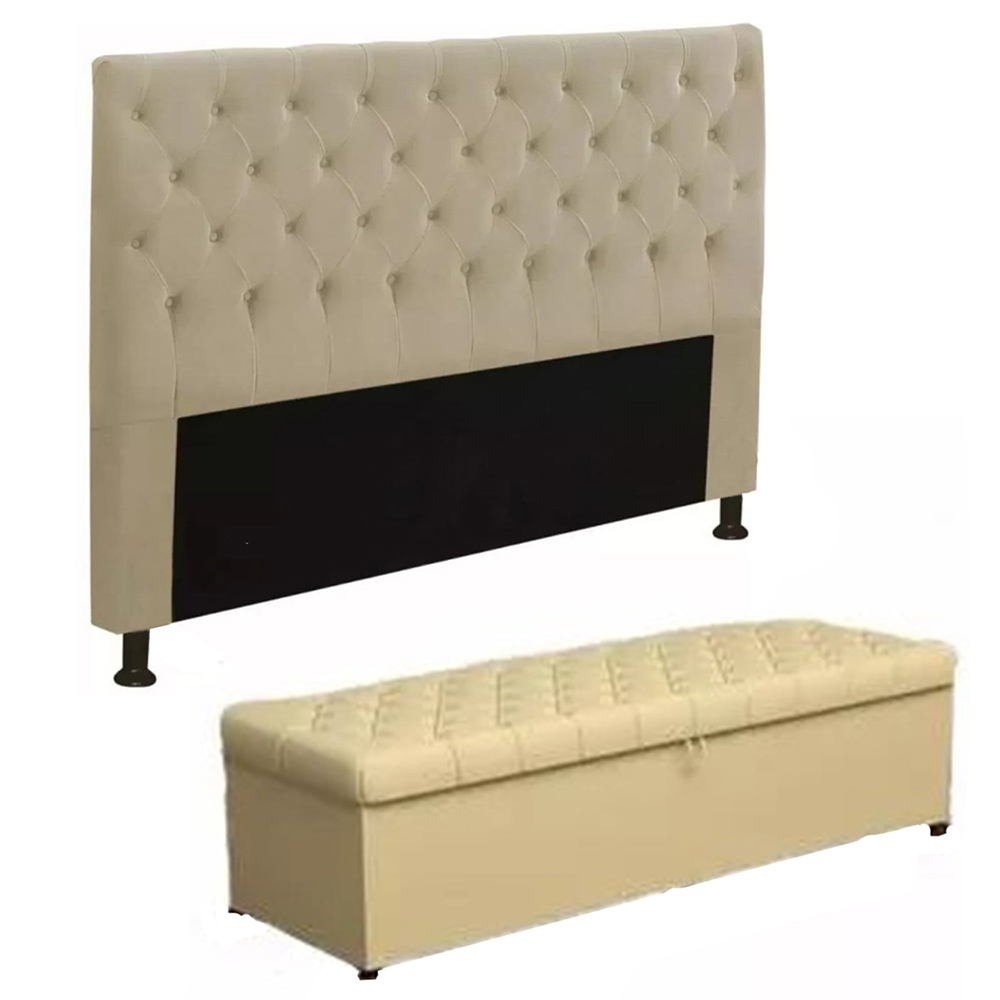 Cabeceira Mais Calçadeira Baú King 195cm Para Cama Box Sofia Napa Bege - DS Estofados
