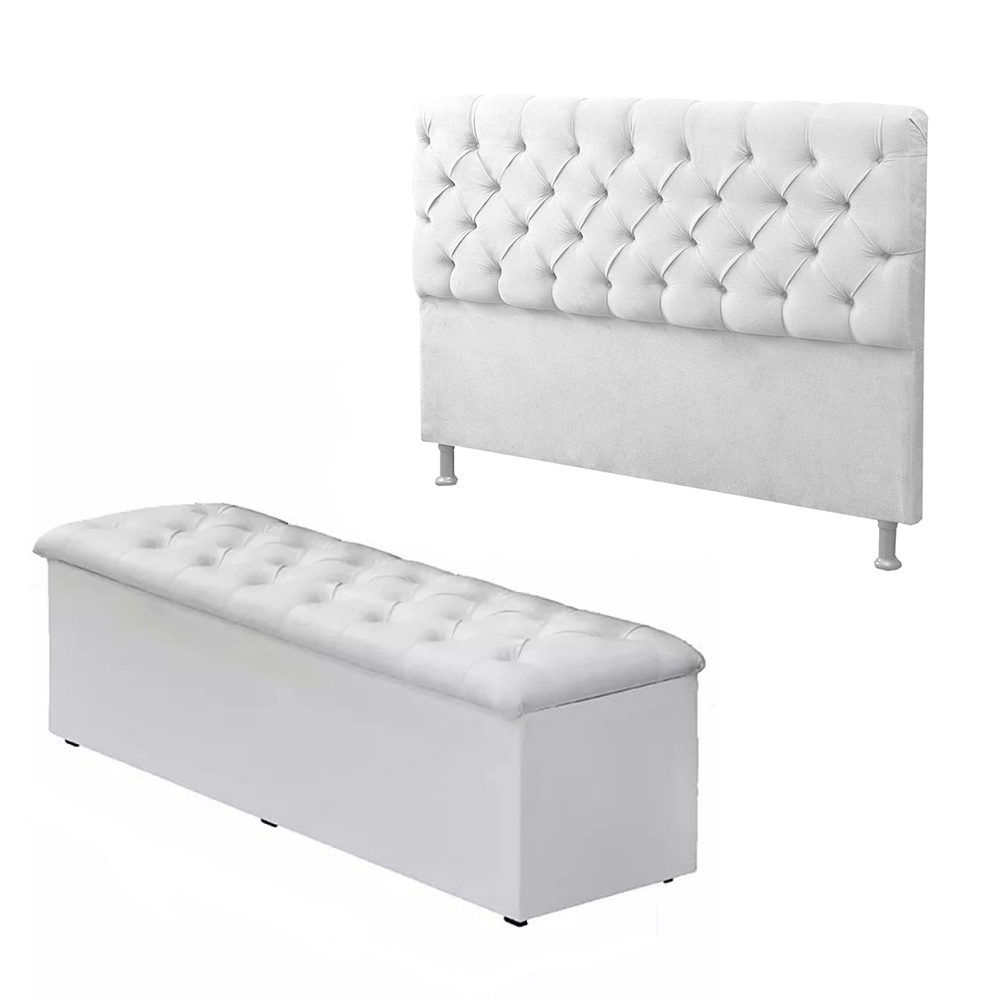 Cabeceira Mais Calçadeira Baú King 195cm Para Cama Box Sofia Napa Branco - DS Estofados