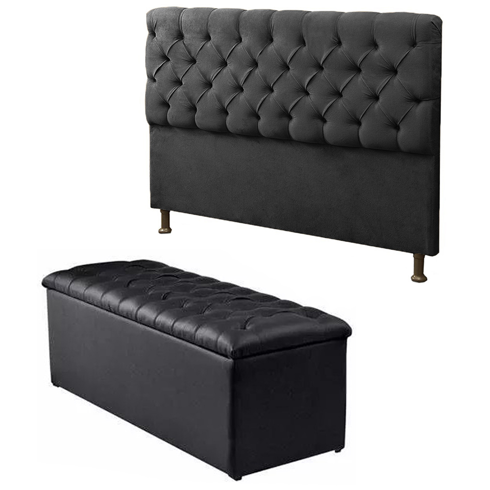 Cabeceira Mais Calçadeira Baú King 195cm Para Cama Box Sofia Napa Preto - DS Estofados