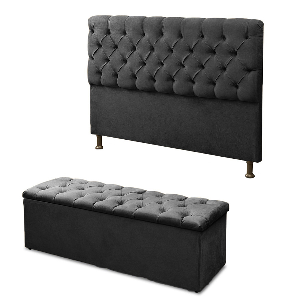 Cabeceira Mais Calçadeira Baú King 195cm Para Cama Box Sofia Suede Preto - DS Estofados
