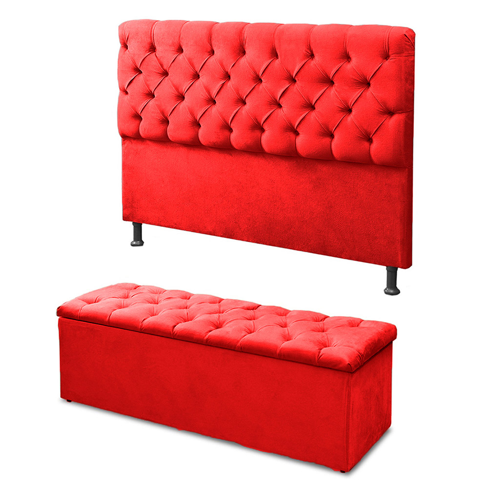 Cabeceira Mais Calçadeira Baú King 195cm Para Cama Box Sofia Suede Vermelho - DS Estofados