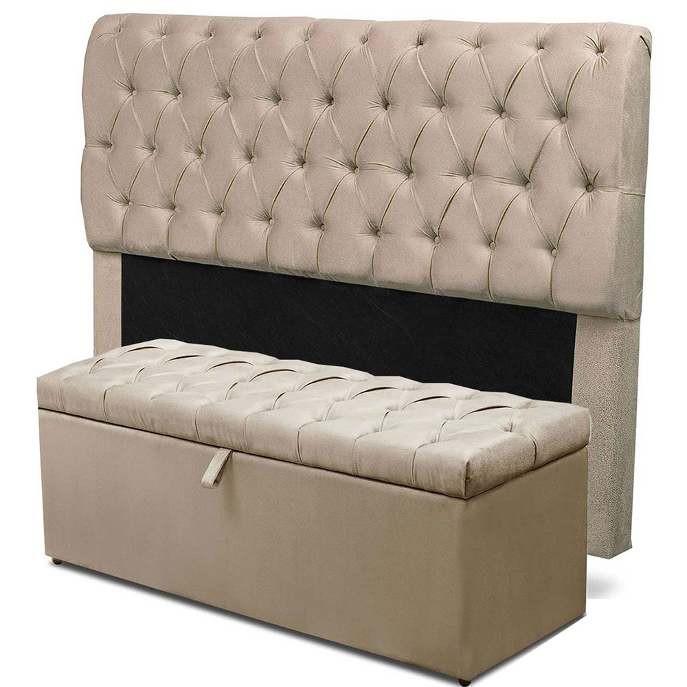 Cabeceira Mais Calçadeira Baú Solteiro 90cm Para Cama Box Paris Suede Marfim - DS Estofados