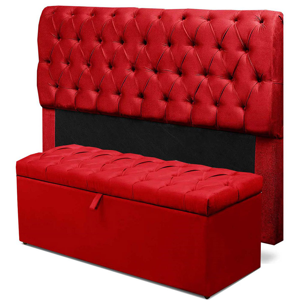 Cabeceira Mais Calçadeira Baú Solteiro 90cm Para Cama Box Paris Suede Vermelho - DS Estofados