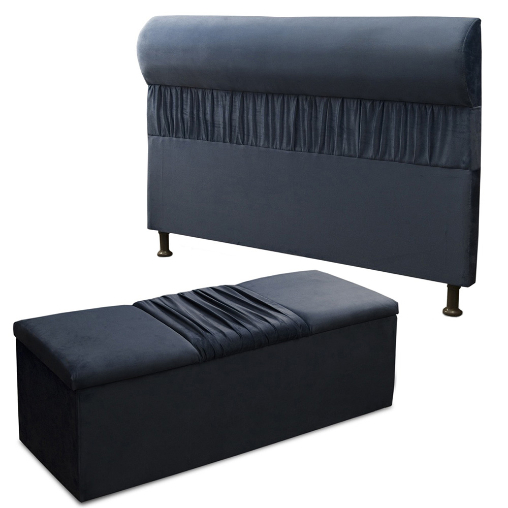 Cabeceira com Calçadeira Baú Casal 140cm Para Cama Box Vitória Suede Azul - DS Móveis