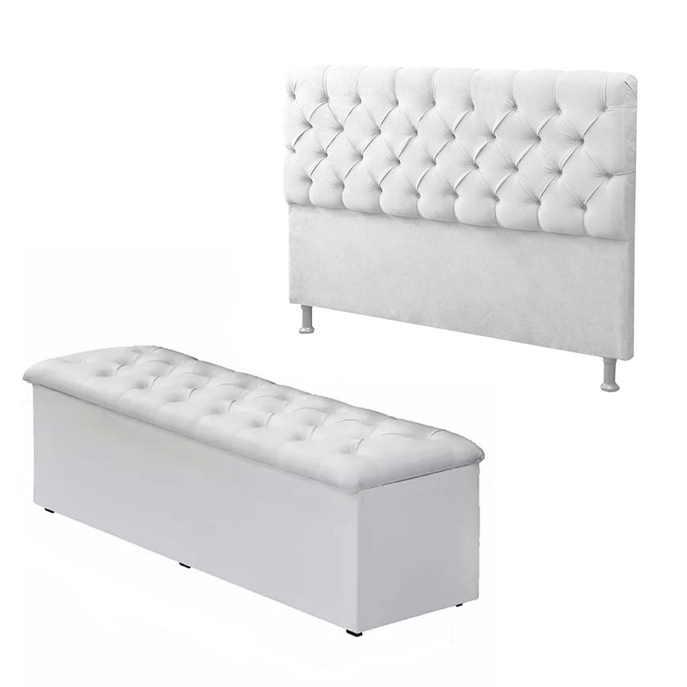 Cabeceira e Calçadeira Baú Solteiro 90cm Para Cama Box Sofia Corino Branco - DS Móveis