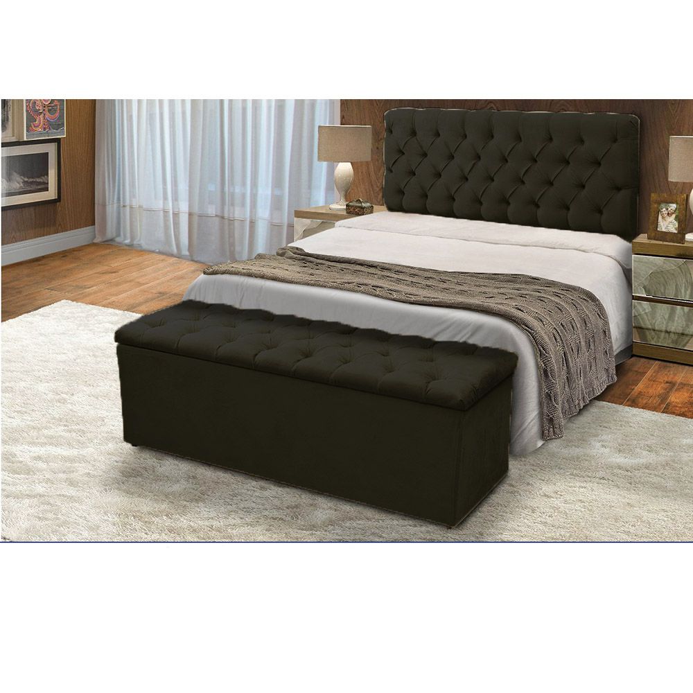 Cabeceira e Calçadeira Baú Solteiro 90cm Para Cama Box Sofia Suede Preto - DS Móveis