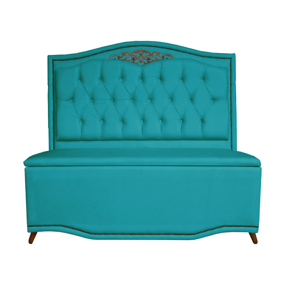 Cabeceira mais Calçadeira Solteiro 90cm Para Cama Box Greta Suede Azul Turquesa - DS Estofados