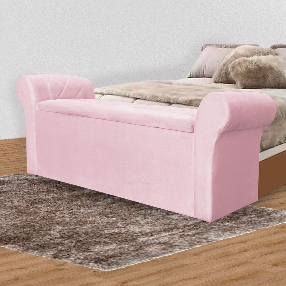 Calçadeira Baú Casal 140 cm Cancun Suede Rosa Bebê - DS Estofados