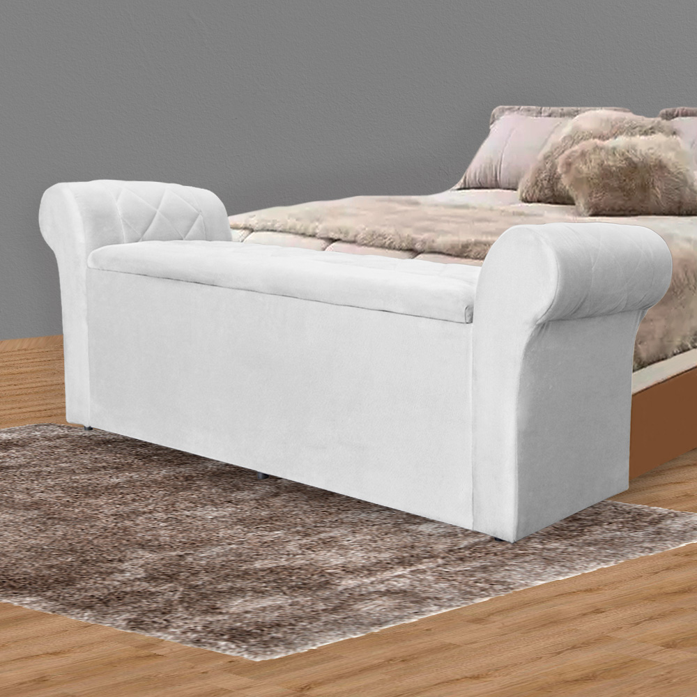 Calçadeira Baú Para Cama Box Casal Queen 160cm Cancun Suede Branco - DS Estofados
