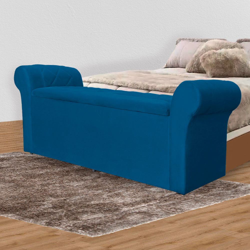 Calçadeira Recamier Baú Cancun Solteiro 90cm Suede Azul Royal - DS Estofados