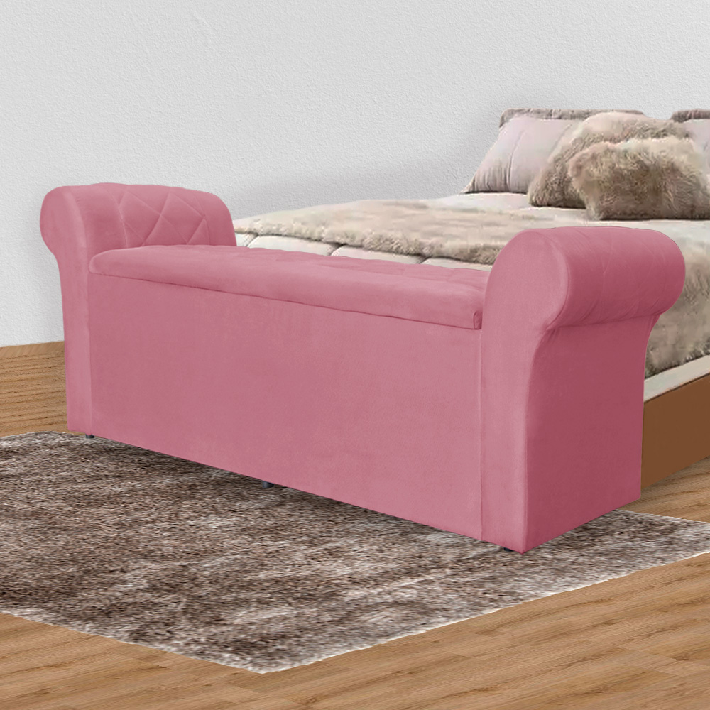 Calçadeira Recamier Baú Cancun Solteiro 90cm Suede Rosa - DS Estofados