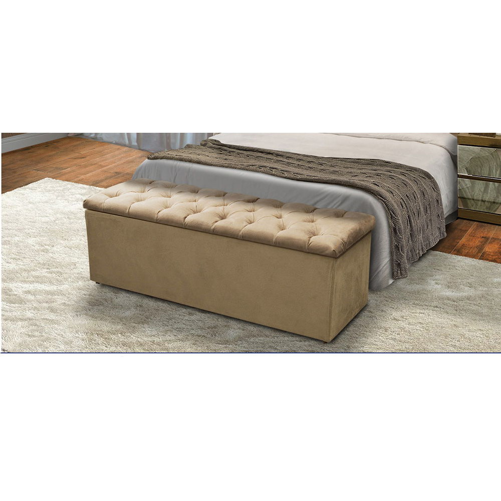 Calçadeira Recamier Baú Casal 140cm Sofia Suede Bege Capitonê - DS Móveis