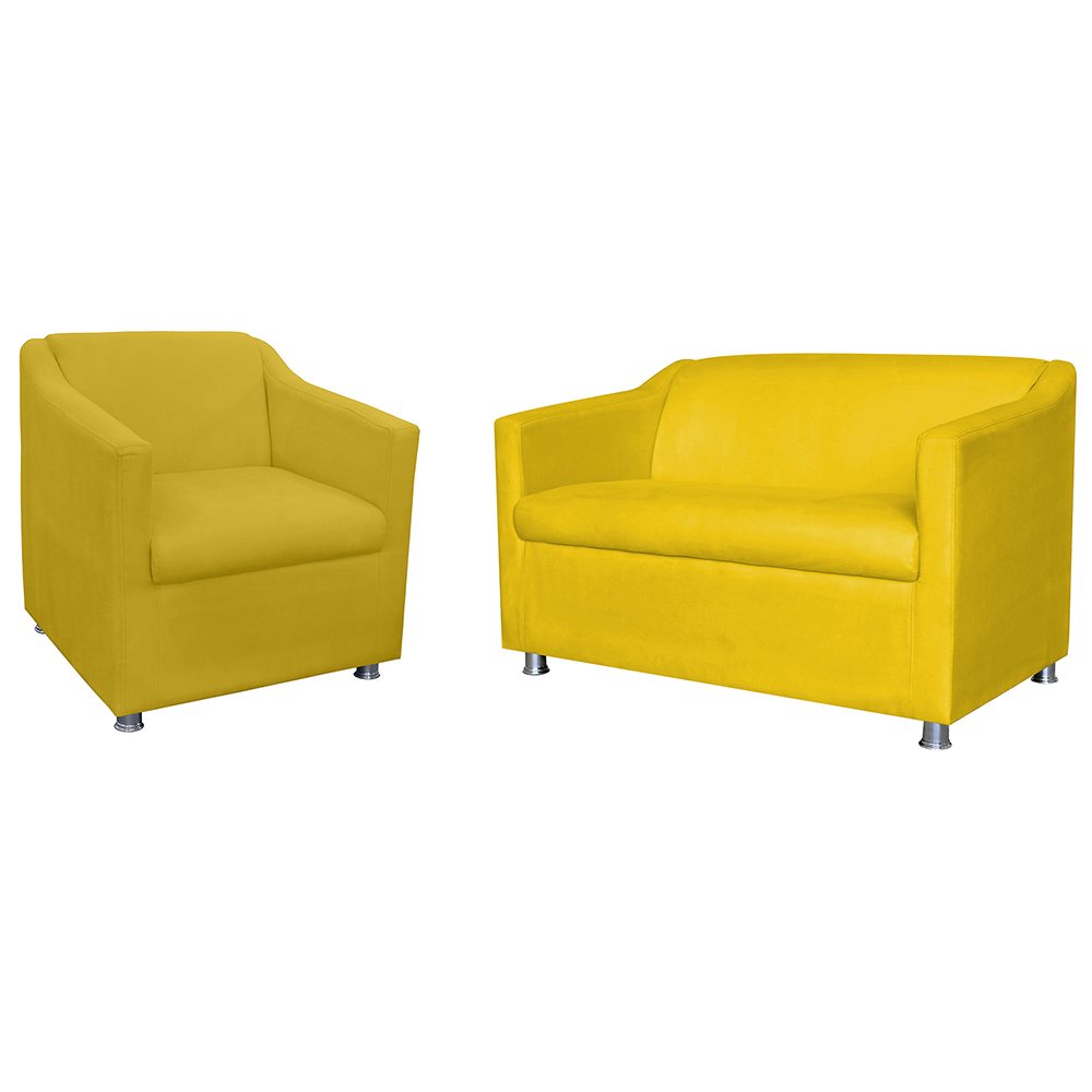 Combo 01 Namoradeira mais 01 Poltrona Decorativa Tilla Pés Cromados Suede Amarelo - DS Estofados