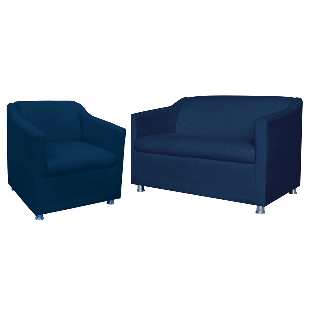 Combo 01 Namoradeira mais 01 Poltrona Decorativa Tilla Pés Cromados Suede Azul Marinho - DS Estofados