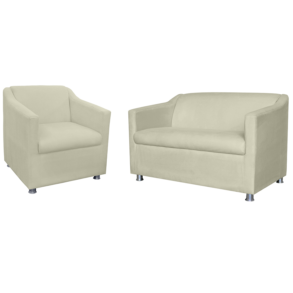 Combo 01 Namoradeira mais 01 Poltrona Decorativa Tilla Pés Cromados Suede Bege - DS Estofados