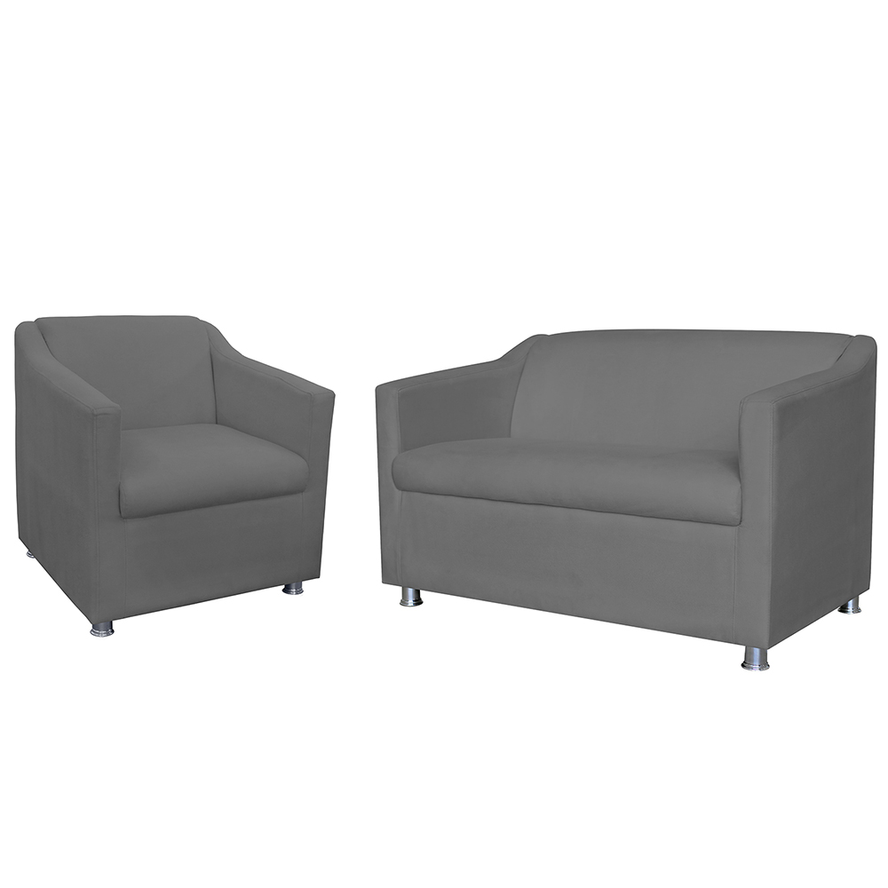 Combo 01 Namoradeira mais 01 Poltrona Decorativa Tilla Pés Cromados Suede Cinza - DS Estofados