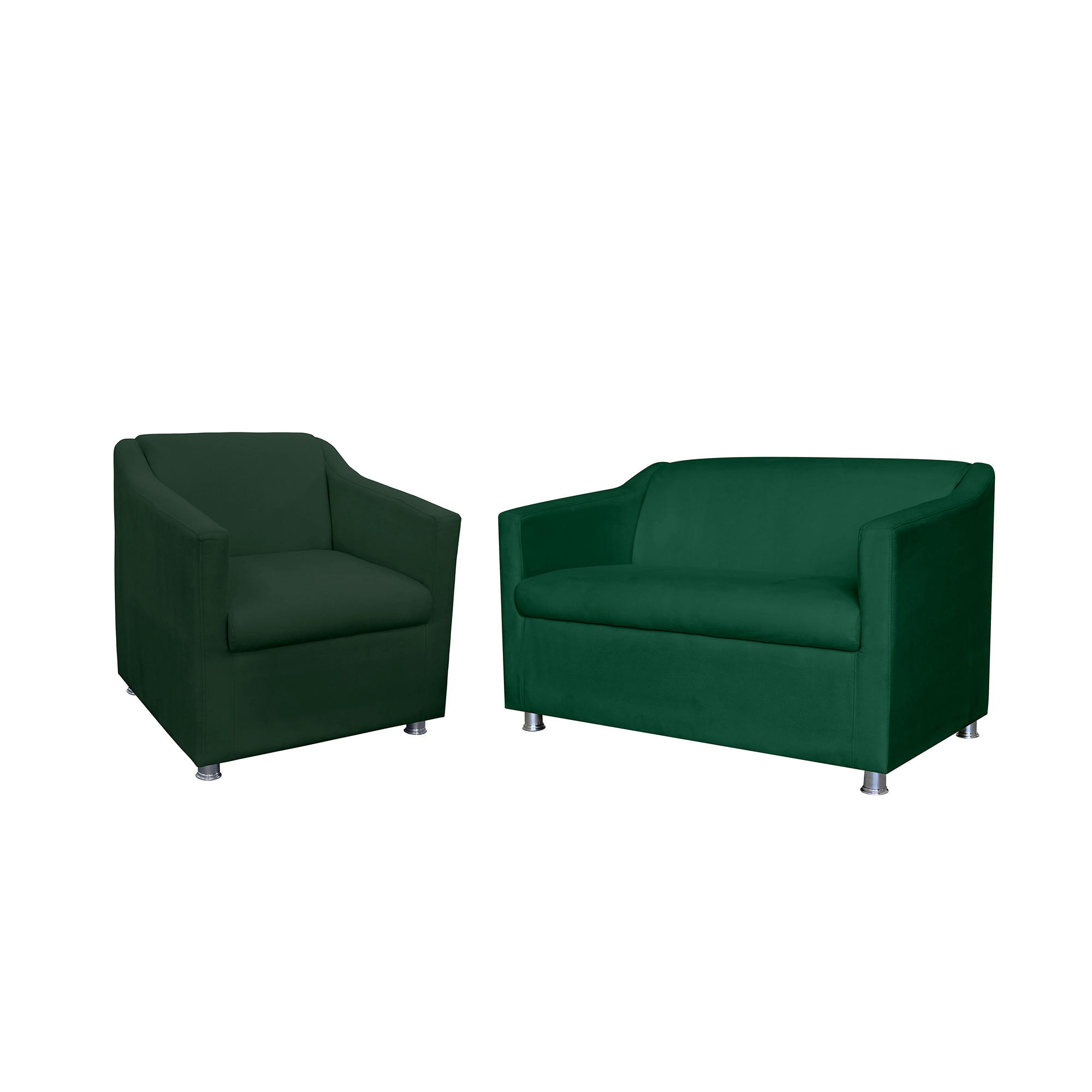 Combo 01 Namoradeira mais 01 Poltrona Decorativa Tilla Pés Cromados Suede Verde - DS Estofados