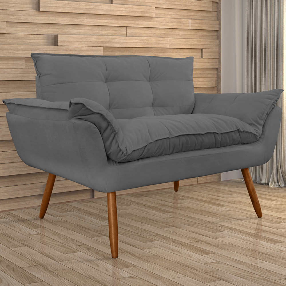 Combo 02 Namoradeira Poltrona Sofá decorativa 02 Lugares Opalla Pés Palito Cinza - DS Estofados