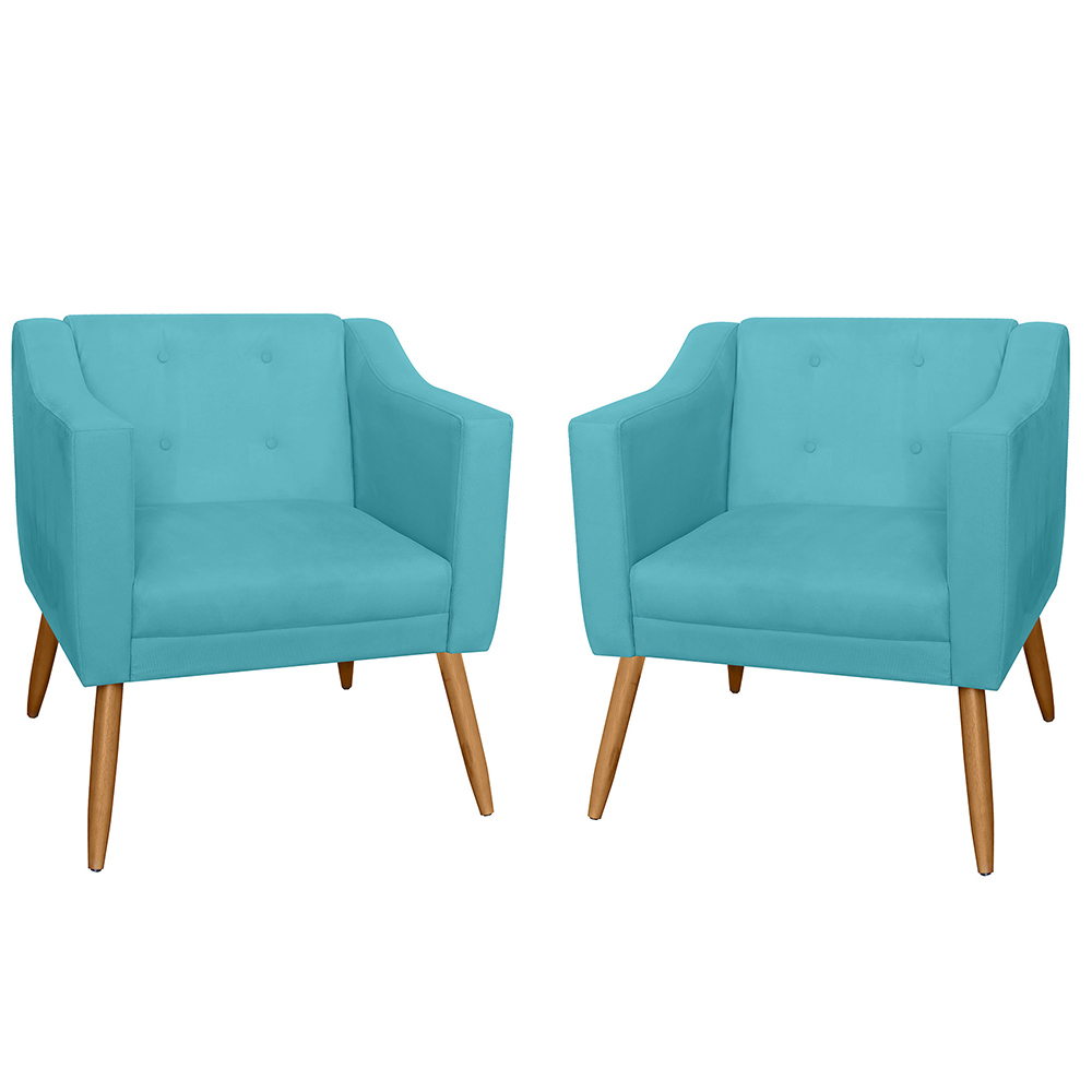Combo 02 Poltrona Decorativa Lavinia Pés Palito Suede Azul Turquesa - DS Estofados