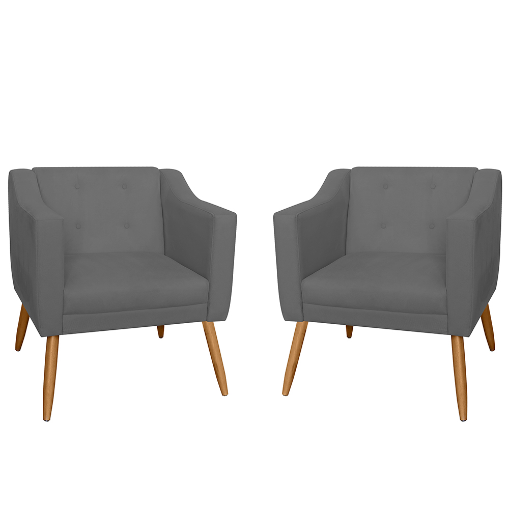 Combo 02 Poltrona Decorativa Lavinia Pés Palito Suede Cinza - DS Estofados