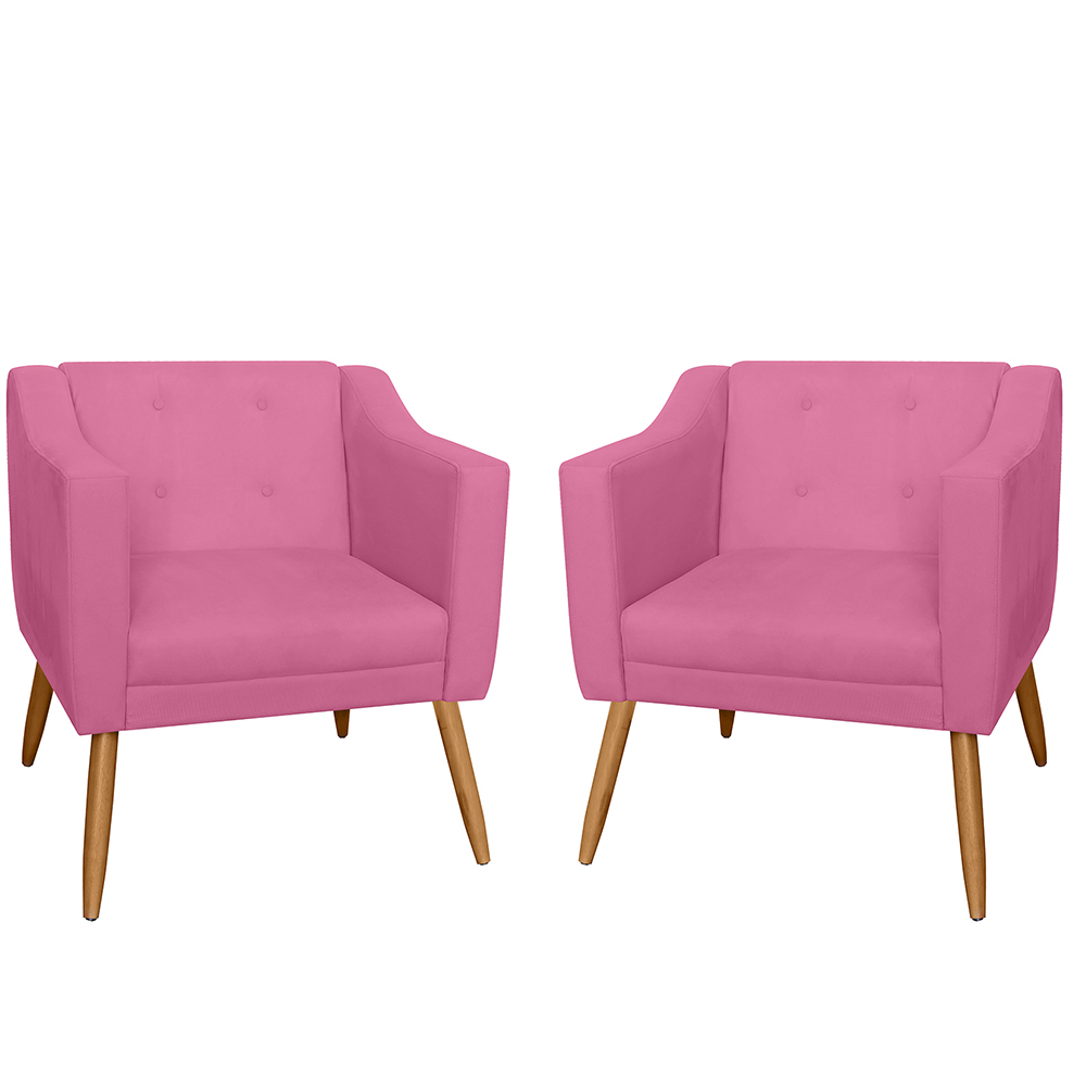 Combo 02 Poltrona Decorativa Lavinia Pés Palito Suede Rosa - DS Estofados