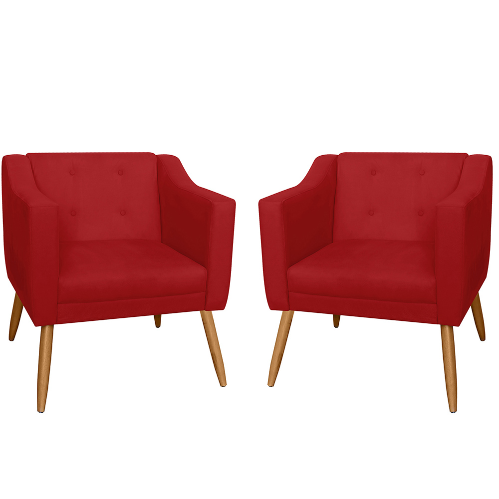 Combo 02 Poltrona Decorativa Lavinia Pés Palito Suede Vermelho - DS Estofados