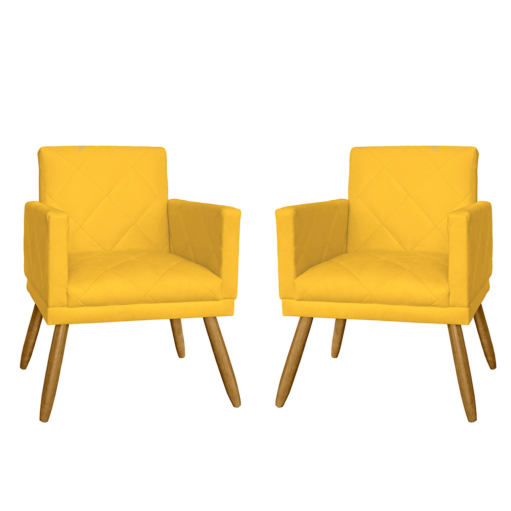 Combo 02 Poltrona Decorativa Pés Palito Nina Estilo Matelassê Amarelo - DS Estofados