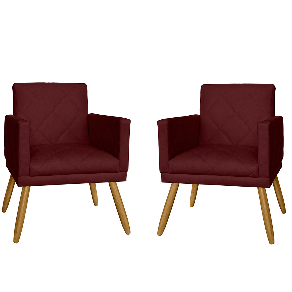 Combo 02 Poltrona Decorativa Pés Palito Nina Estilo Matelassê Bordô - DS Estofados