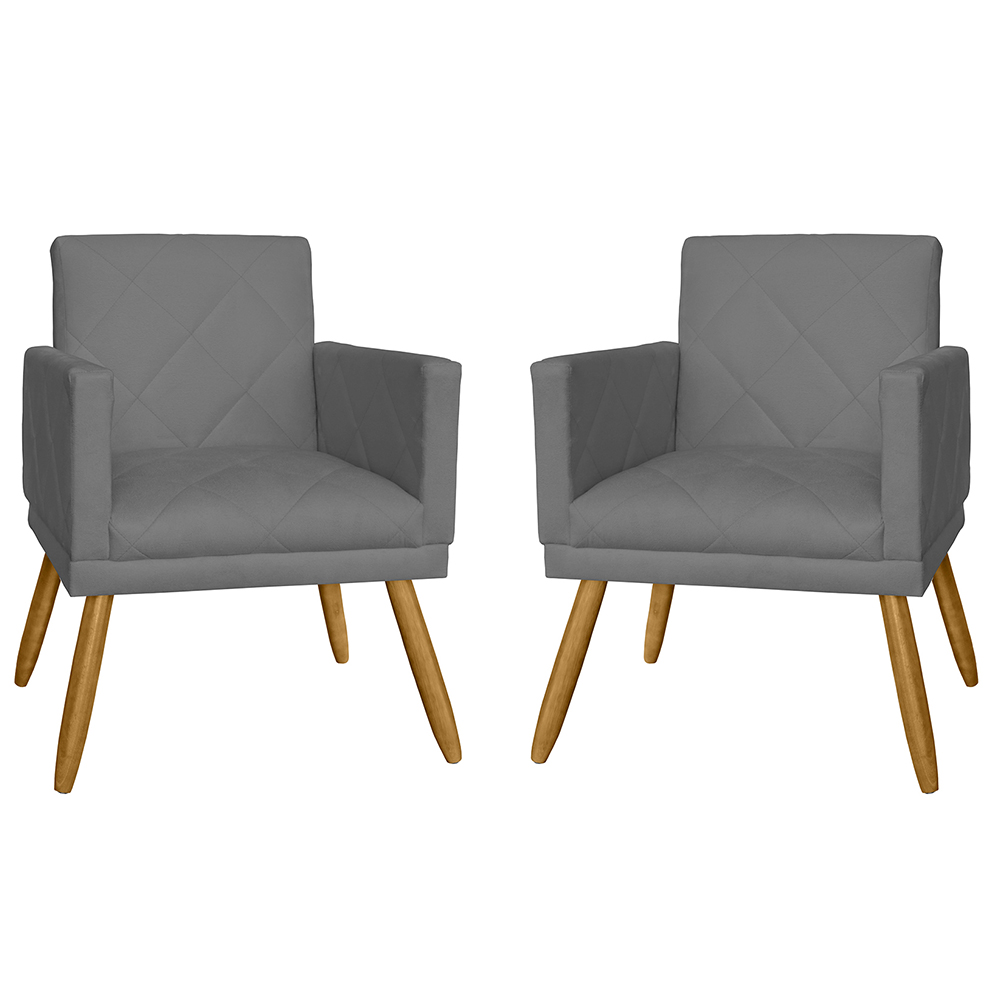 Combo 02 Poltrona Decorativa Pés Palito Nina Estilo Matelassê Cinza - DS Estofados