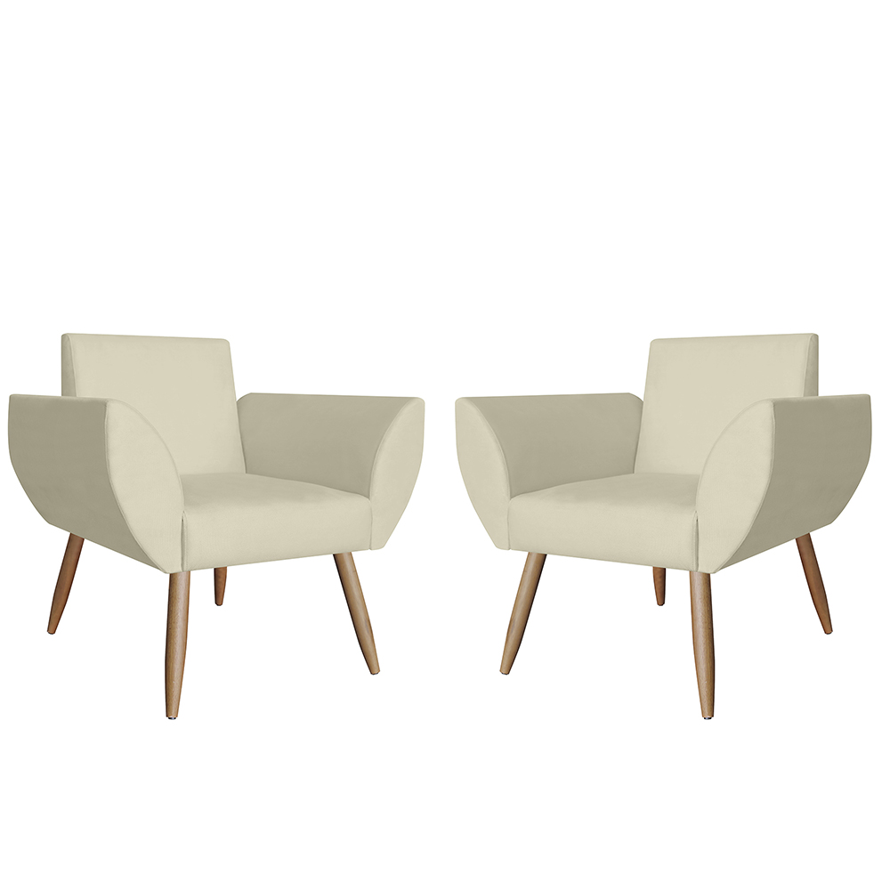 Combo 02 Poltronas Decorativa Flora Pés Palito Suede Bege - DS Estofados