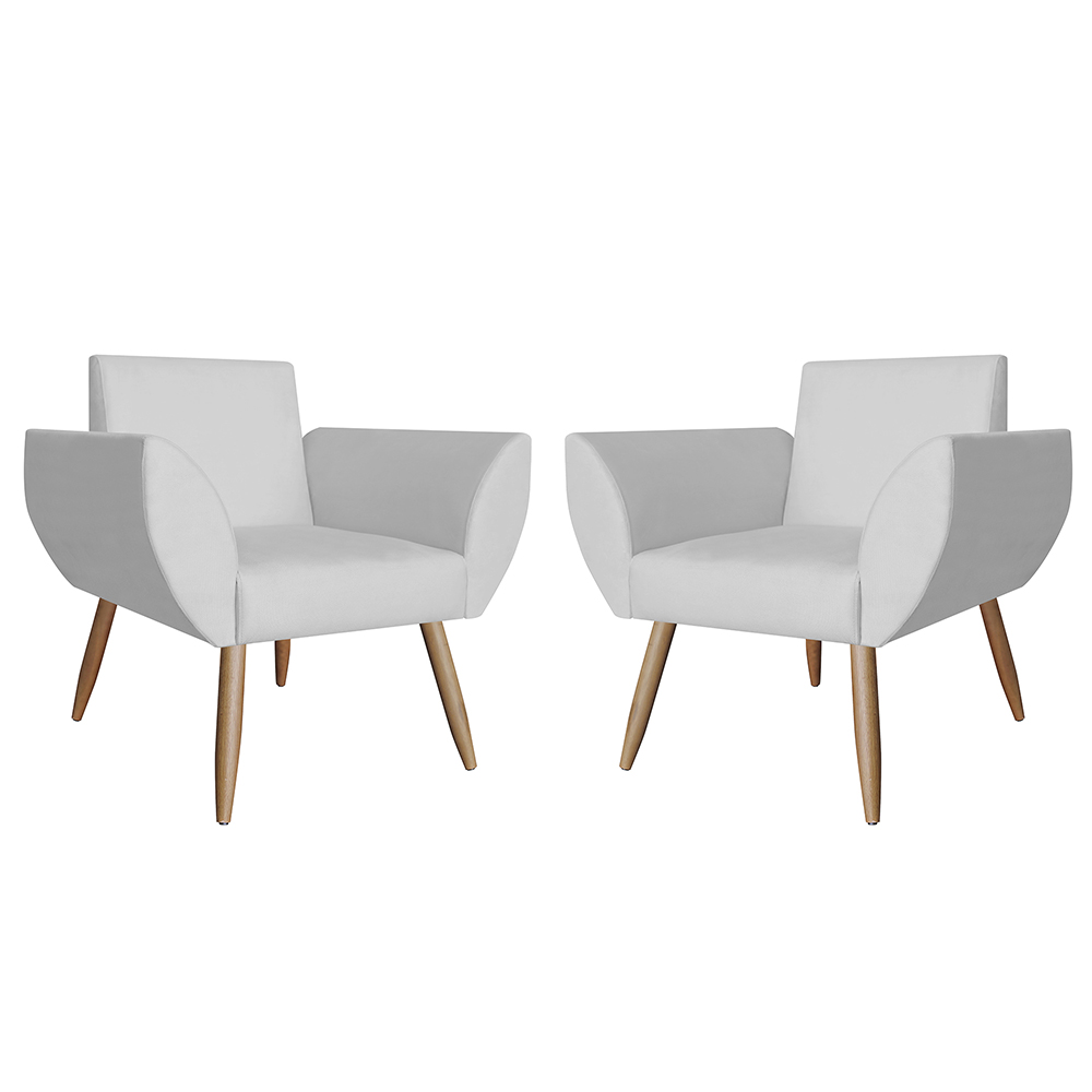 Combo 02 Poltronas Decorativa Flora Pés Palito Suede Branco - DS Estofados