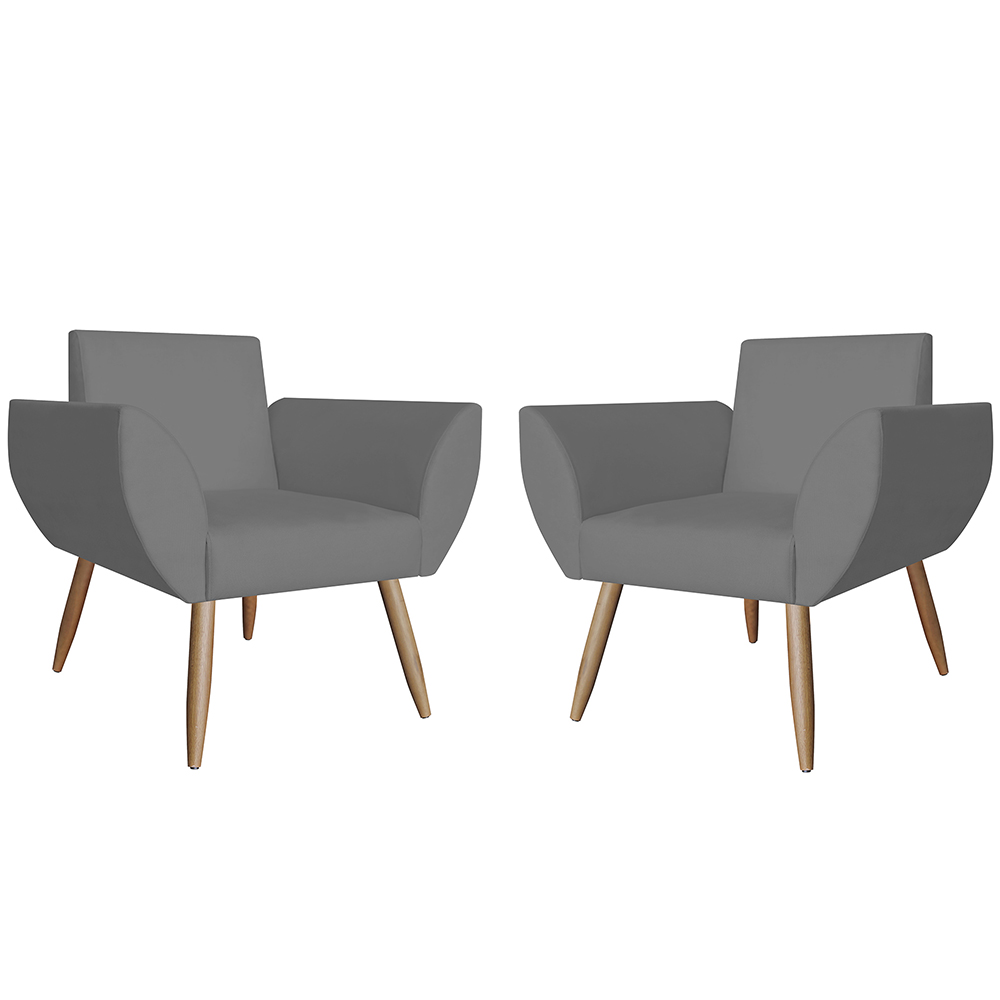 Combo 02 Poltronas Decorativa Flora Pés Palito Suede Cinza - DS Estofados