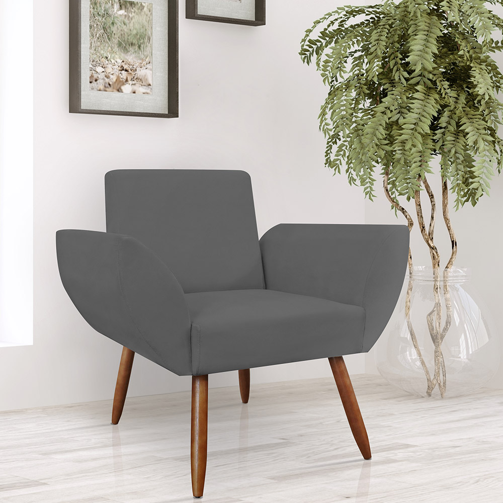 Combo 02 Poltronas Decorativa Flora Pés Palito Suede Cinza - DS Estofados