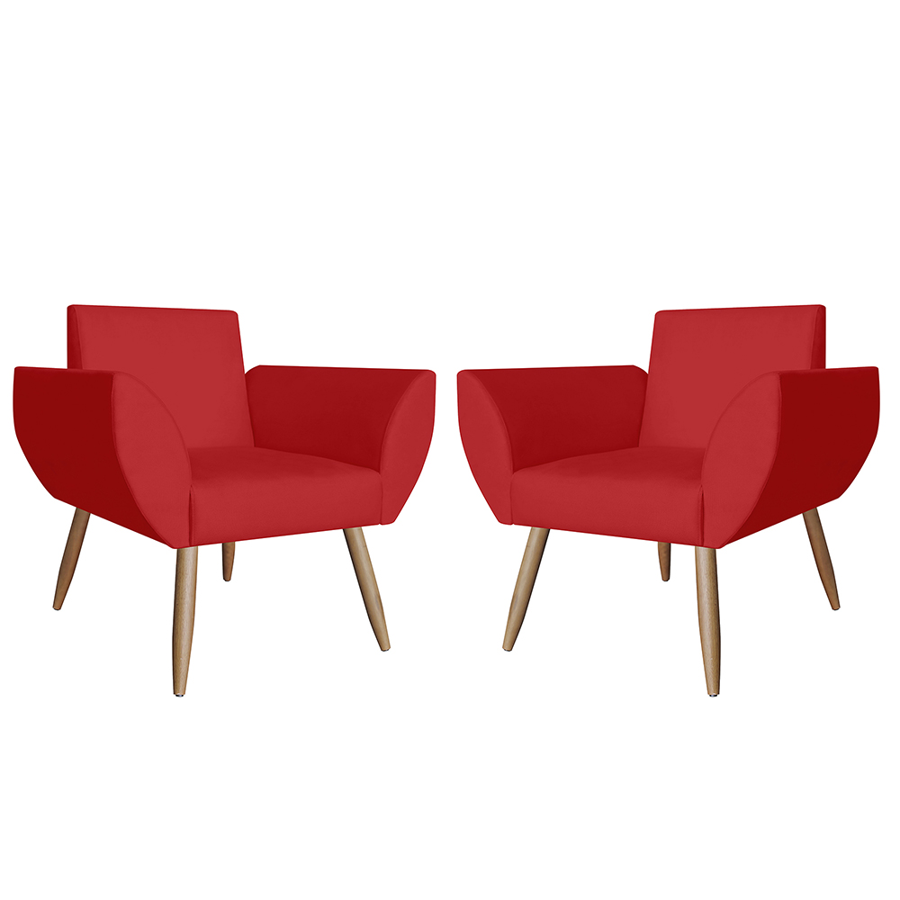Combo 02 Poltronas Decorativa Flora Pés Palito Suede Vermelho - DS Estofados