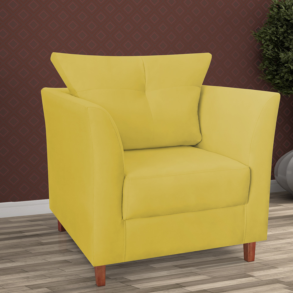 Combo 02 Poltronas Decorativa Isis Pés de Madeira Mais Puff Opalla Suede Amarelo - DS Estofados