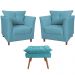 Combo 02 Poltronas Decorativa Isis Pés de Madeira Mais Puff Opalla Suede Azul Turquesa - DS Estofados