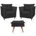 Combo 02 Poltronas Decorativa Isis Pés de Madeira Mais Puff Opalla Suede Preto - DS Estofados