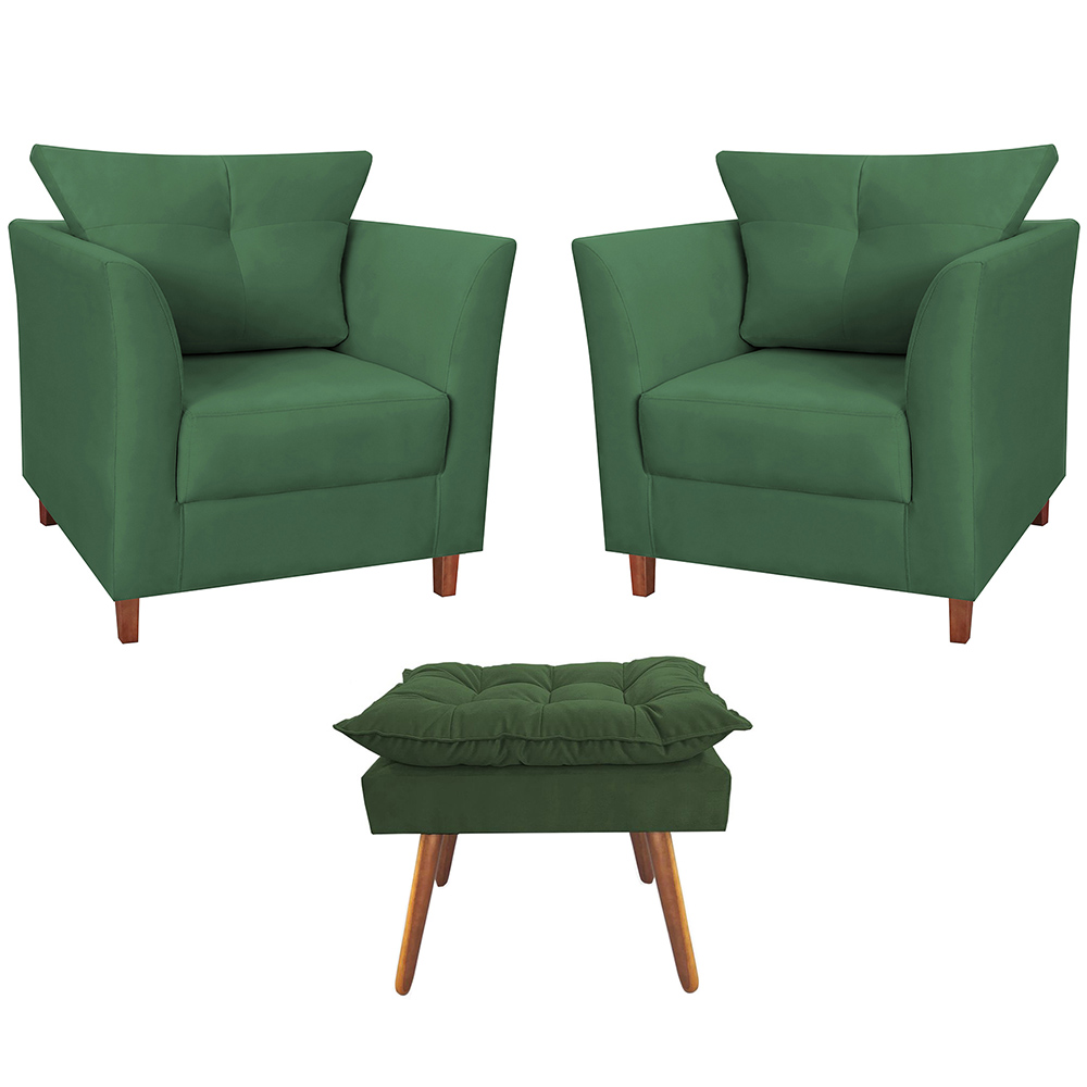 Combo 02 Poltronas Decorativa Isis Pés de Madeira Mais Puff Opalla Suede Verde - DS Estofados