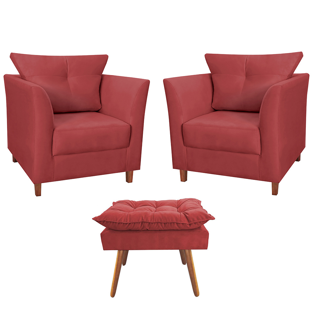 Combo 02 Poltronas Decorativa Isis Pés de Madeira Mais Puff Opalla Suede Vermelho - DS Estofados