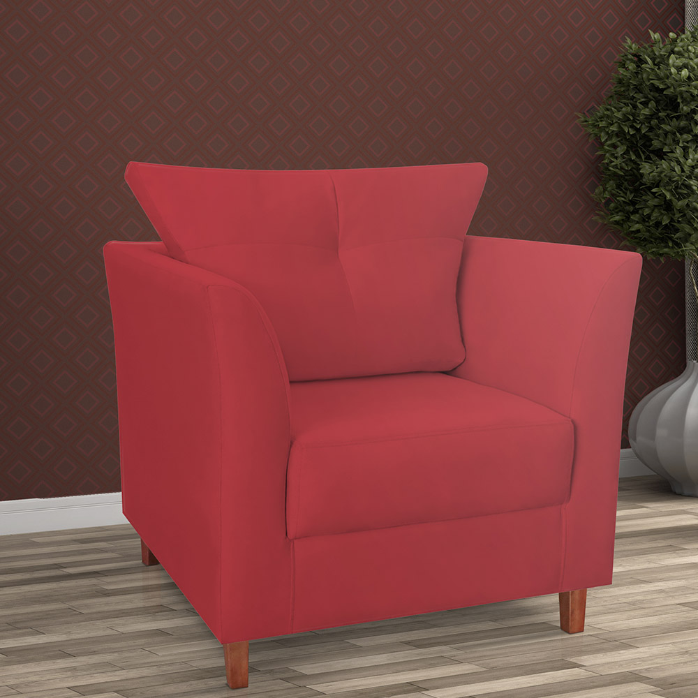 Combo 02 Poltronas Decorativa Isis Pés de Madeira Mais Puff Opalla Suede Vermelho - DS Estofados