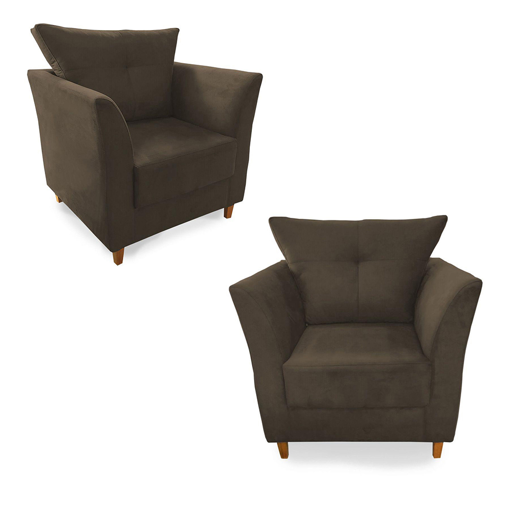 Combo 02 Poltronas Decorativa Isis Pés de Madeira Suede Marrom - DS Estofados