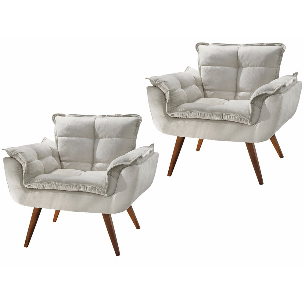 Combo 02 Poltronas Decorativa Opalla Pés Palito Suede Bege - DS Estofados