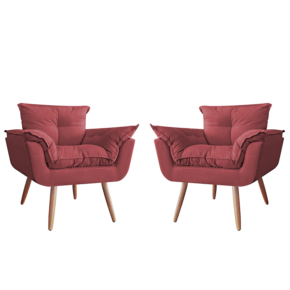 Combo 02 Poltronas Decorativa Opalla Pés Palito Suede Bordô - DS Estofados