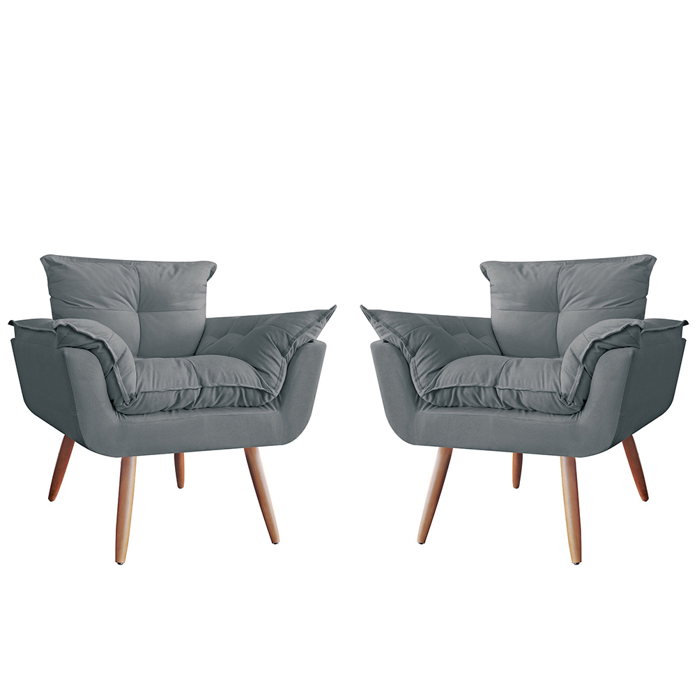 Combo 02 Poltronas Decorativa Opalla Pés Palito Suede Cinza - DS Estofados
