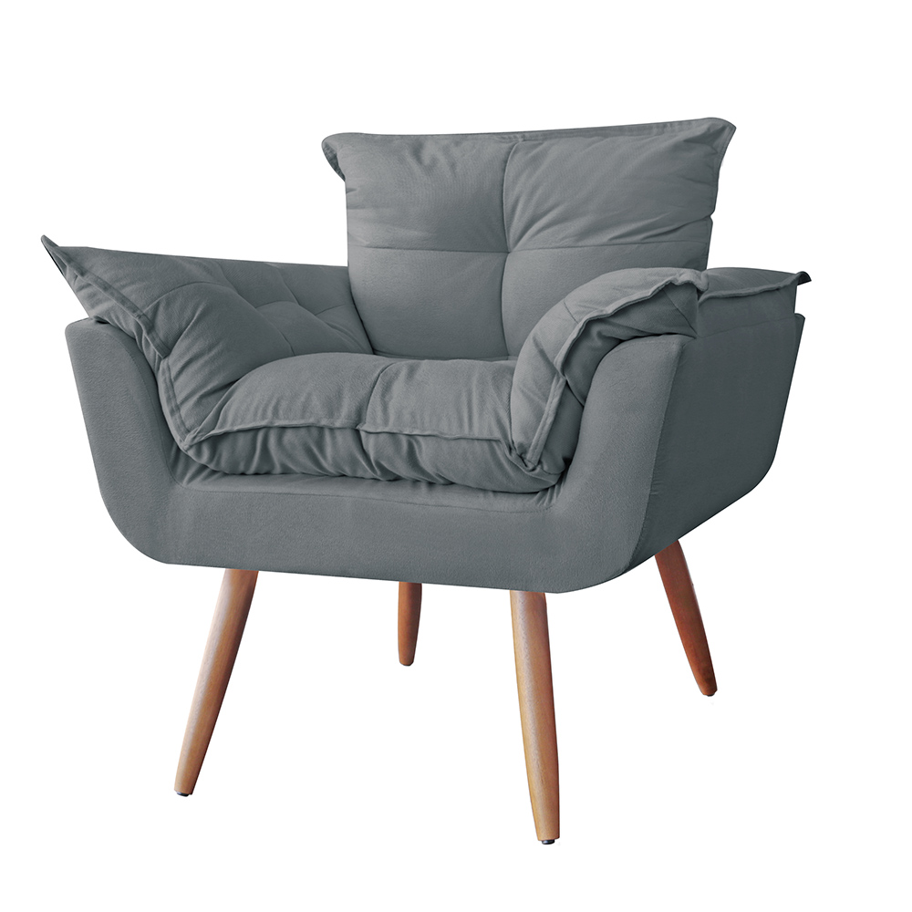 Combo 02 Poltronas Decorativa Opalla Pés Palito Suede Cinza - DS Estofados